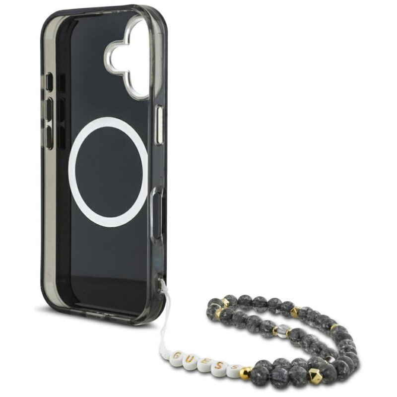 Husa iPhone 16 originala Guess IML Palm Trees Triangle with Pearl Strap MagSafe, negru, GUHMP16SHPCTPLSK