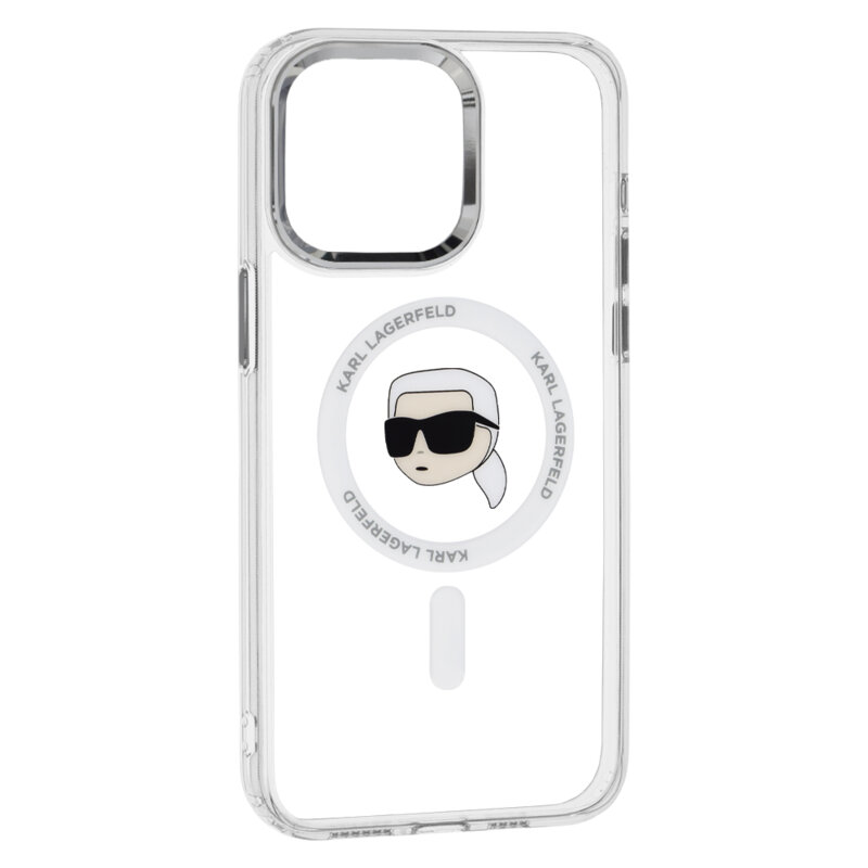 Husa iPhone 15 Pro Karl Lagerfeld IML MagSafe, Karl`s Head, alb, KLHMP15LHLSKIH