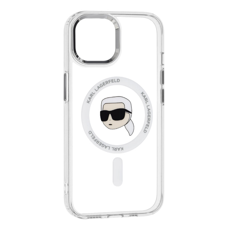 Husa iPhone 15 Karl Lagerfeld IML MagSafe, White Karl`s Head, alb, KLHMP15SHLSKIH