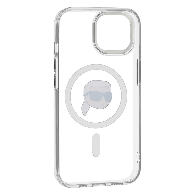 Husa iPhone 15 Karl Lagerfeld IML MagSafe, White Karl`s Head, alb, KLHMP15SHLSKIH