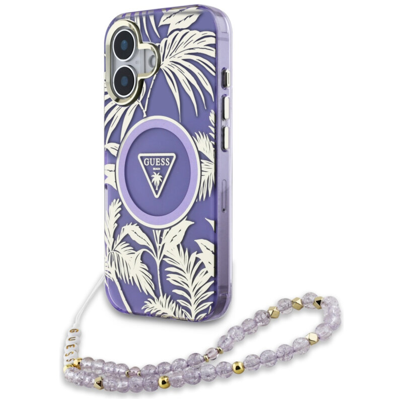 Husa iPhone 16 originala Guess IML Palm Trees Triangle with Pearl Strap MagSafe, mov, GUHMP16SHPCTPLSU