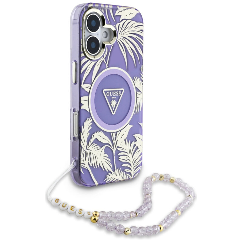 Husa iPhone 16 originala Guess IML Palm Trees Triangle with Pearl Strap MagSafe, mov, GUHMP16SHPCTPLSU