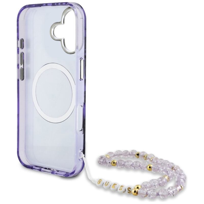 Husa iPhone 16 originala Guess IML Palm Trees Triangle with Pearl Strap MagSafe, mov, GUHMP16SHPCTPLSU