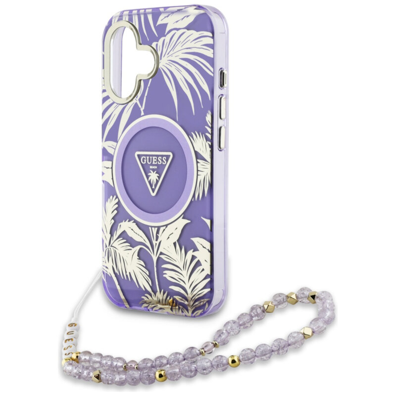 Husa iPhone 16 originala Guess IML Palm Trees Triangle with Pearl Strap MagSafe, mov, GUHMP16SHPCTPLSU
