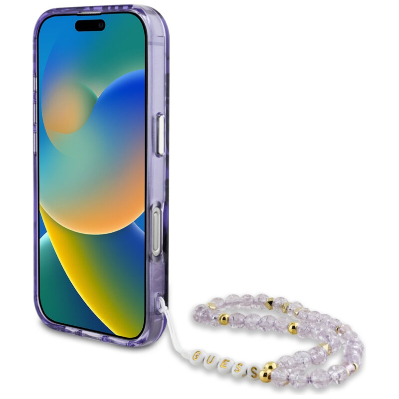 Husa iPhone 16 originala Guess IML Palm Trees Triangle with Pearl Strap MagSafe, mov, GUHMP16SHPCTPLSU