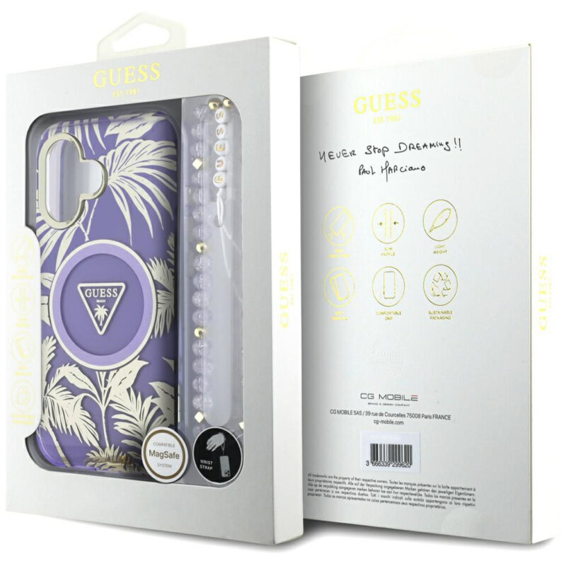 Husa iPhone 16 originala Guess IML Palm Trees Triangle with Pearl Strap MagSafe, mov, GUHMP16SHPCTPLSU