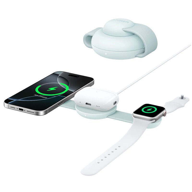 Incarcator wireless iPhone 3in1 Anker MagGo, pliabil, 15W, verde