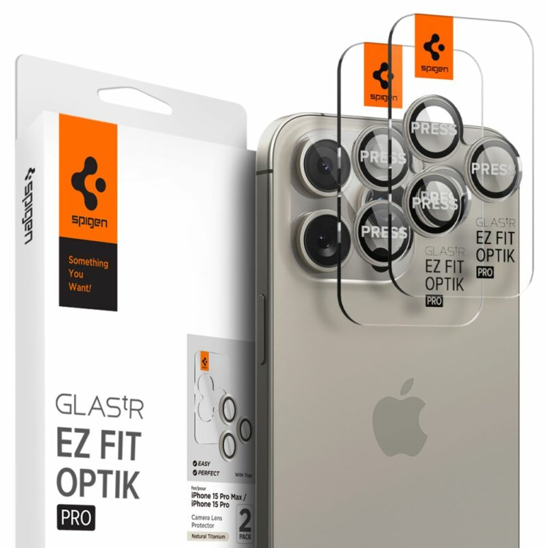 [Pachet 2x] Folie sticla camera iPhone 16 Pro Max Spigen Glas.tR Optik EZ Fit Pro, bej