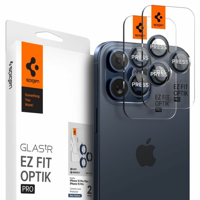 [Pachet 2x] Folie sticla camera iPhone 16 Pro Spigen Glas.tR Optik EZ Fit Pro, albastru