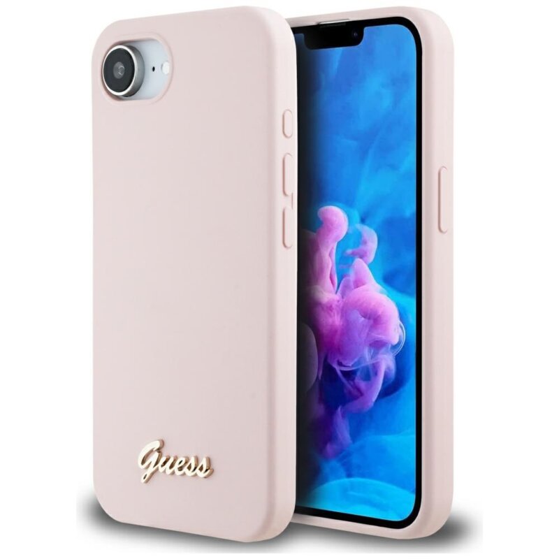 Husa Guess iPhone 16e Silicone Script Metal Logo, roz, GUHMPSE4SMBSLP