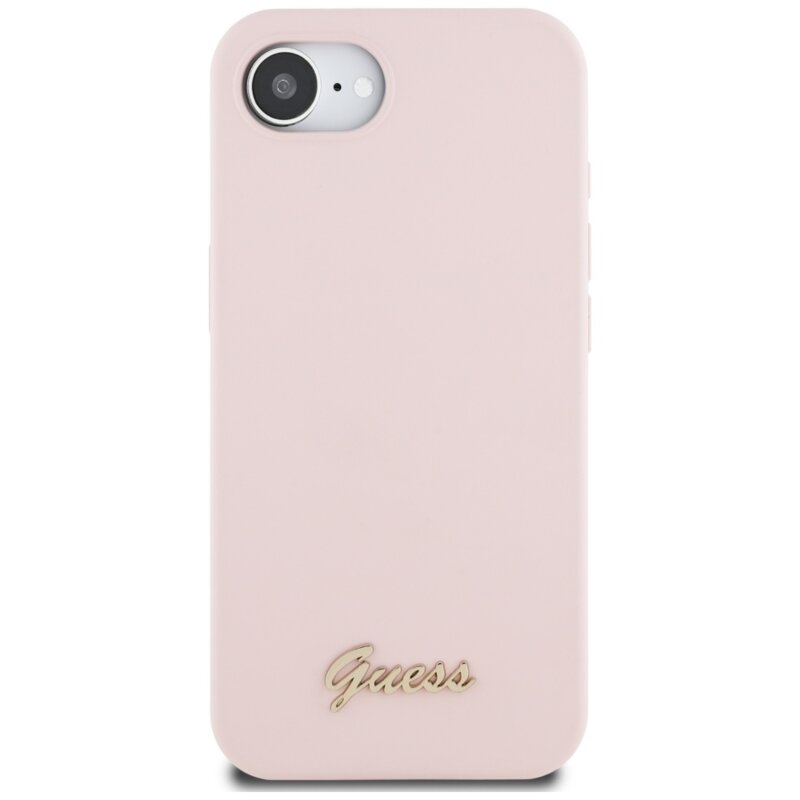 Husa Guess iPhone 16e Silicone Script Metal Logo, roz, GUHMPSE4SMBSLP