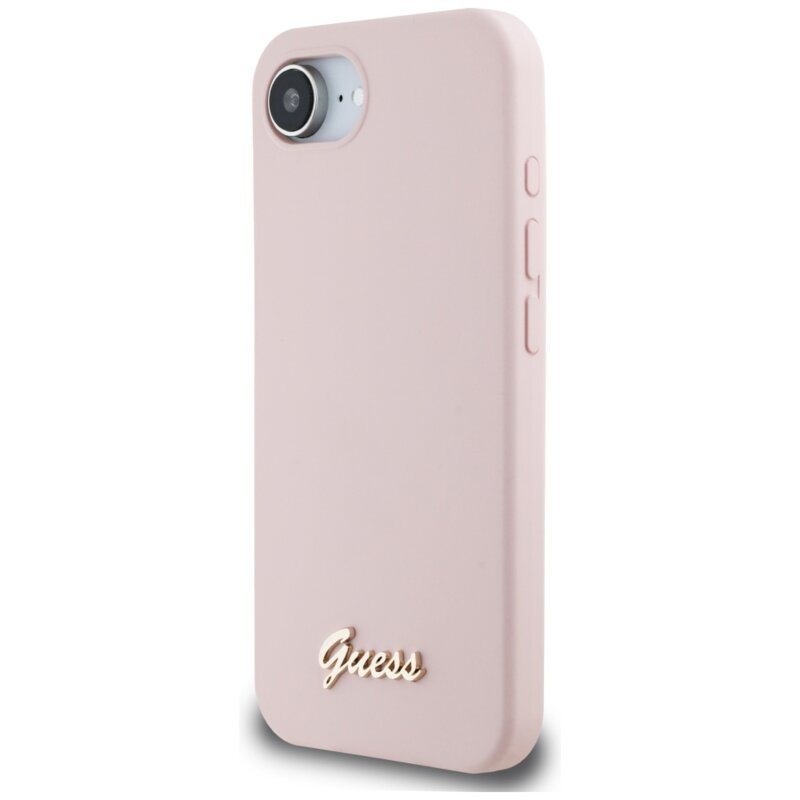 Husa Guess iPhone 16e Silicone Script Metal Logo, roz, GUHMPSE4SMBSLP