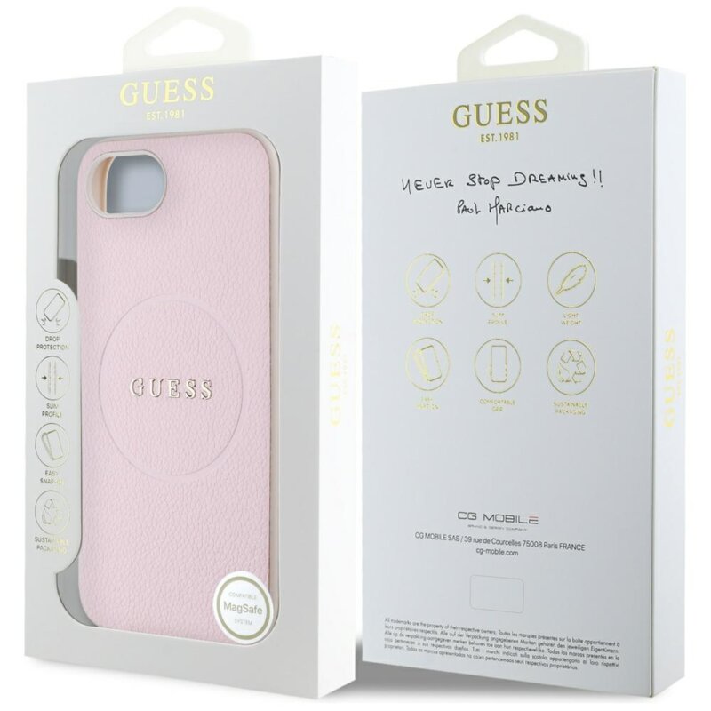 Husa iPhone 16e Guess Grained Gold Ring MagSafe, roz, GUHMPSE4PGHSMMP