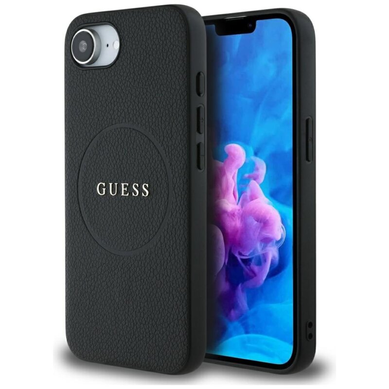 Husa iPhone 16e Guess Grained Gold Ring MagSafe, negru, GUHMPSE4PGHSMMK