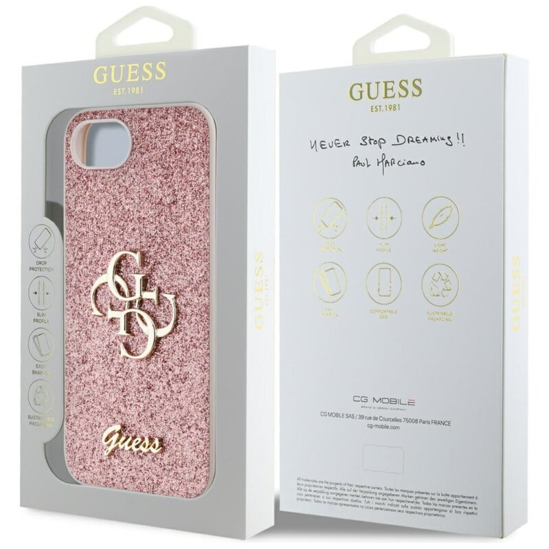 Husa Guess Glitter Fixed Big 4G iPhone 16e cu sclipici, roz, GUHCPSE4HG4SGP