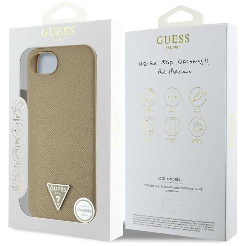 Husa originala Guess iPhone 16e Grained PU Triangle Logo MagSafe, maro, GUHMPSE4PGTSPSW