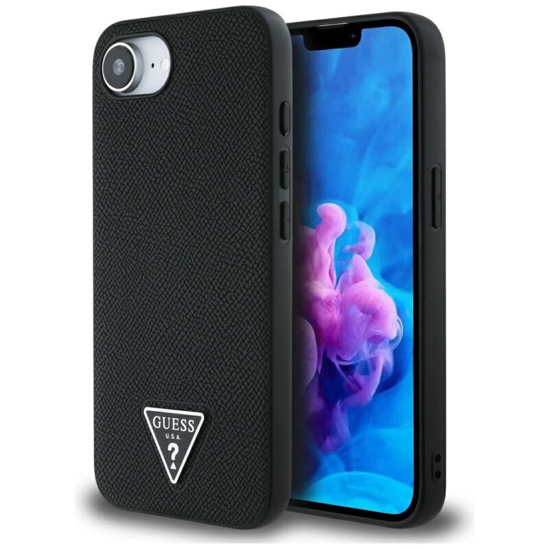 Husa originala Guess iPhone 16e Grained PU Triangle Logo MagSafe, negru, GUHMPSE4PGTSPSK