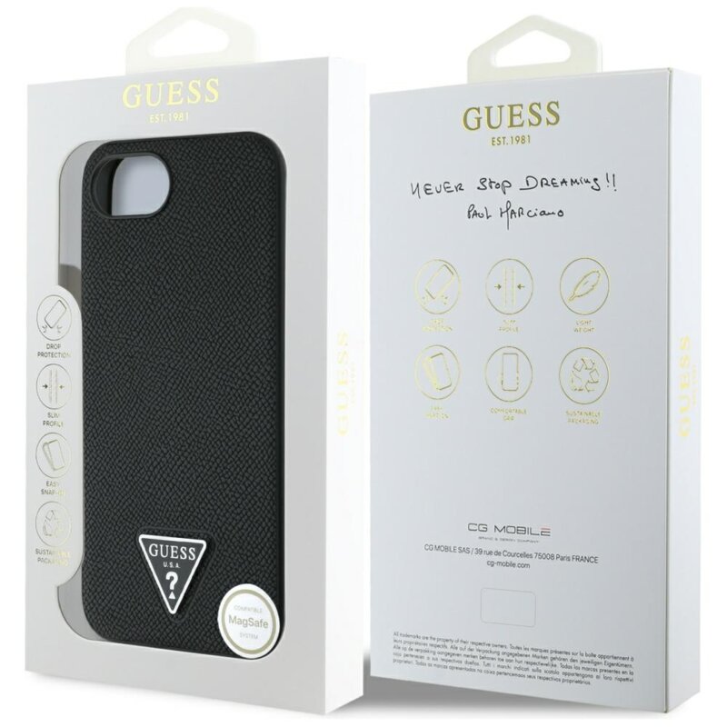 Husa originala Guess iPhone 16e Grained PU Triangle Logo MagSafe, negru, GUHMPSE4PGTSPSK