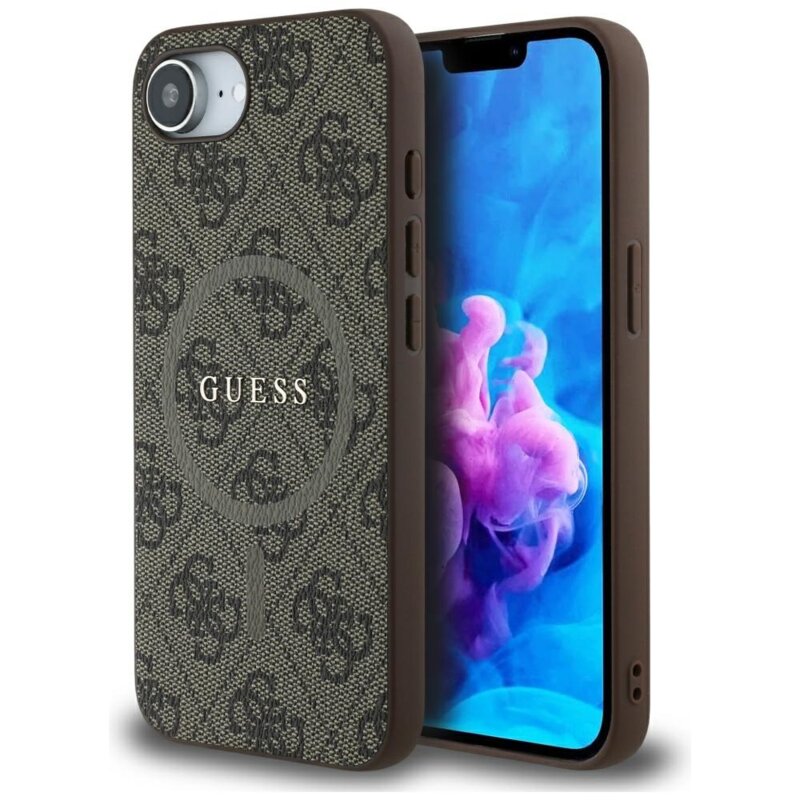 Husa iPhone 16e Guess 4G Ring Classic Logo MagSafe, maro, GUHMPSE4G4GFRW
