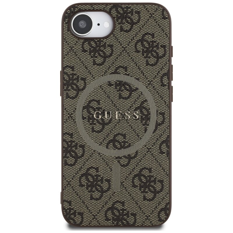 Husa iPhone 16e Guess 4G Ring Classic Logo MagSafe, maro, GUHMPSE4G4GFRW
