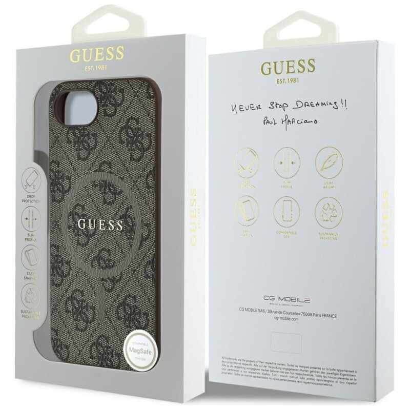 Husa iPhone 16e Guess 4G Ring Classic Logo MagSafe, maro, GUHMPSE4G4GFRW