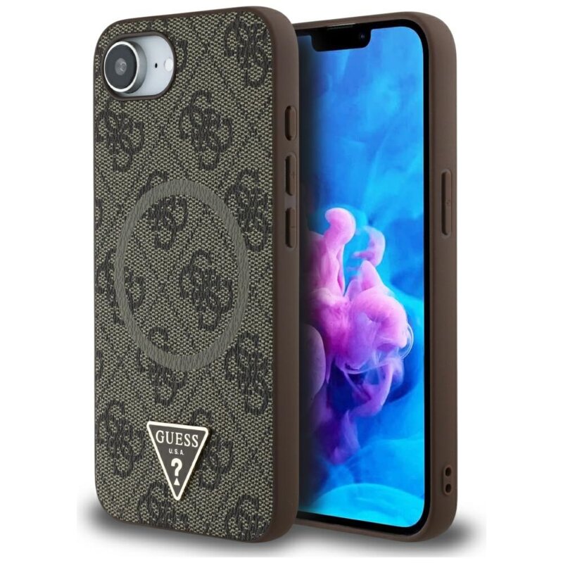 Husa iPhone 16e Guess 4G Ring Triangle Logo MagSafe, maro, GUHMPSE4P4TDPW