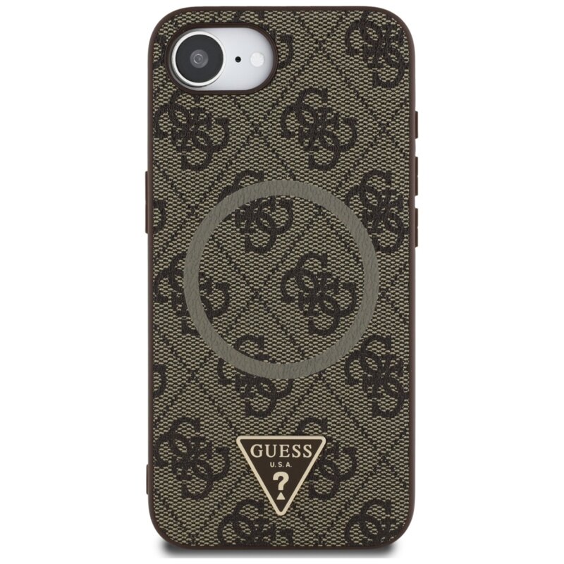 Husa iPhone 16e Guess 4G Ring Triangle Logo MagSafe, maro, GUHMPSE4P4TDPW