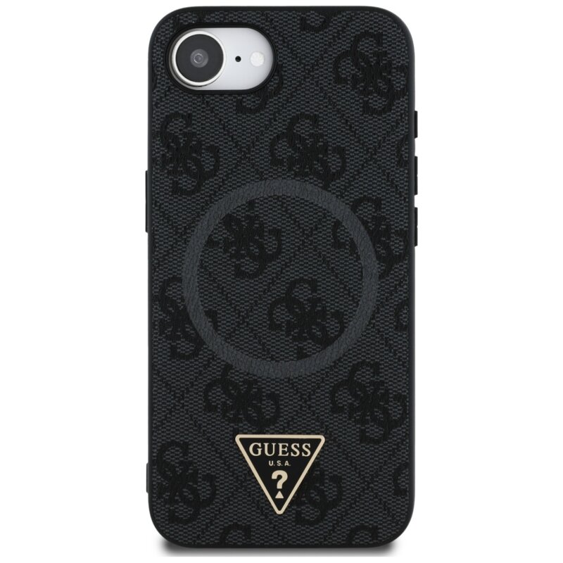 Husa iPhone 16e Guess 4G Ring Triangle Logo MagSafe, negru, GUHMPSE4P4TDPK
