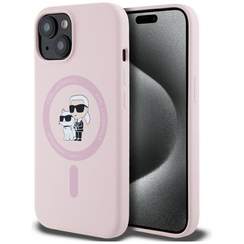Husa Karl Lagerfeld iPhone 15 Plus Silicone MagSafe, roz, Karl&Choupette, KLHMP15MSCMKCRHP