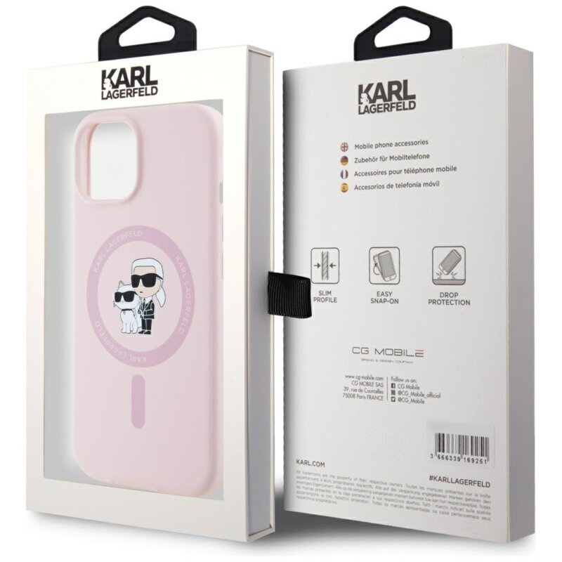 Husa Karl Lagerfeld iPhone 15 Plus Silicone MagSafe, roz, Karl&Choupette, KLHMP15MSCMKCRHP