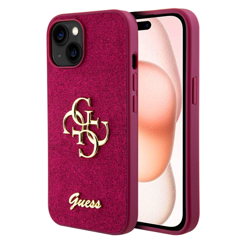 Husa Guess Glitter Script Big 4G iPhone 15 cu sclipici, magenta, GUHCP15SHG4SGU