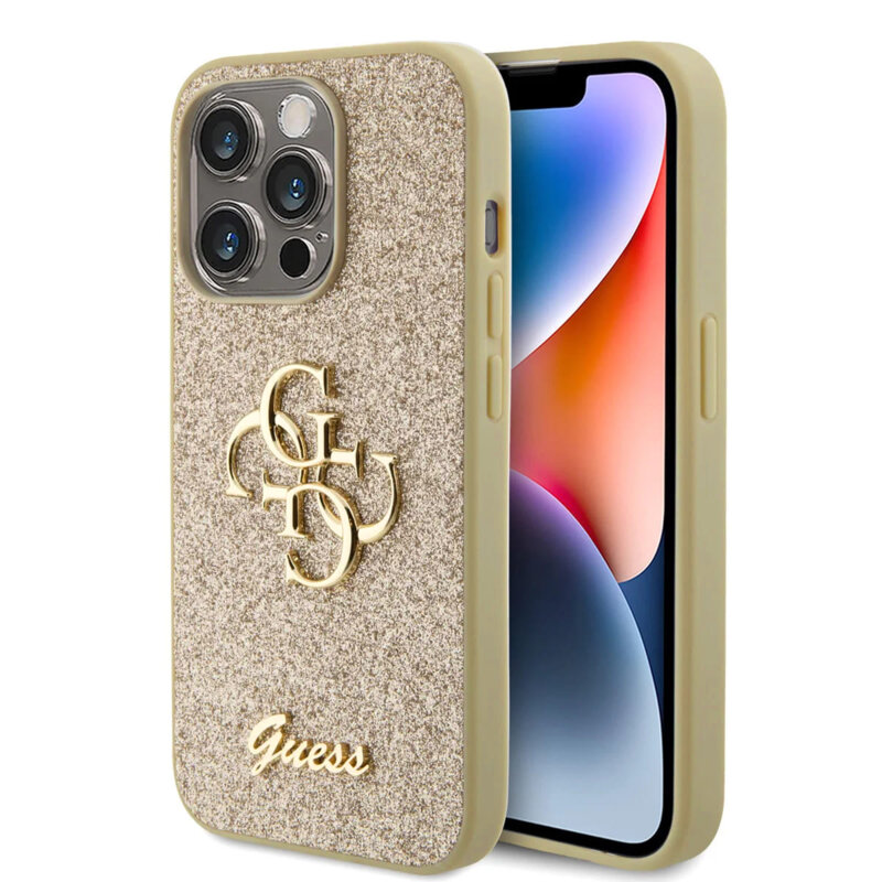 Husa Guess Glitter Script Big 4G iPhone 15 Plus cu sclipici, auriu, GUHCP15MHG4SGD
