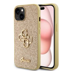 Husa Guess Glitter Script Big 4G iPhone 15 cu sclipici, auriu, GUHCP15SHG4SGD