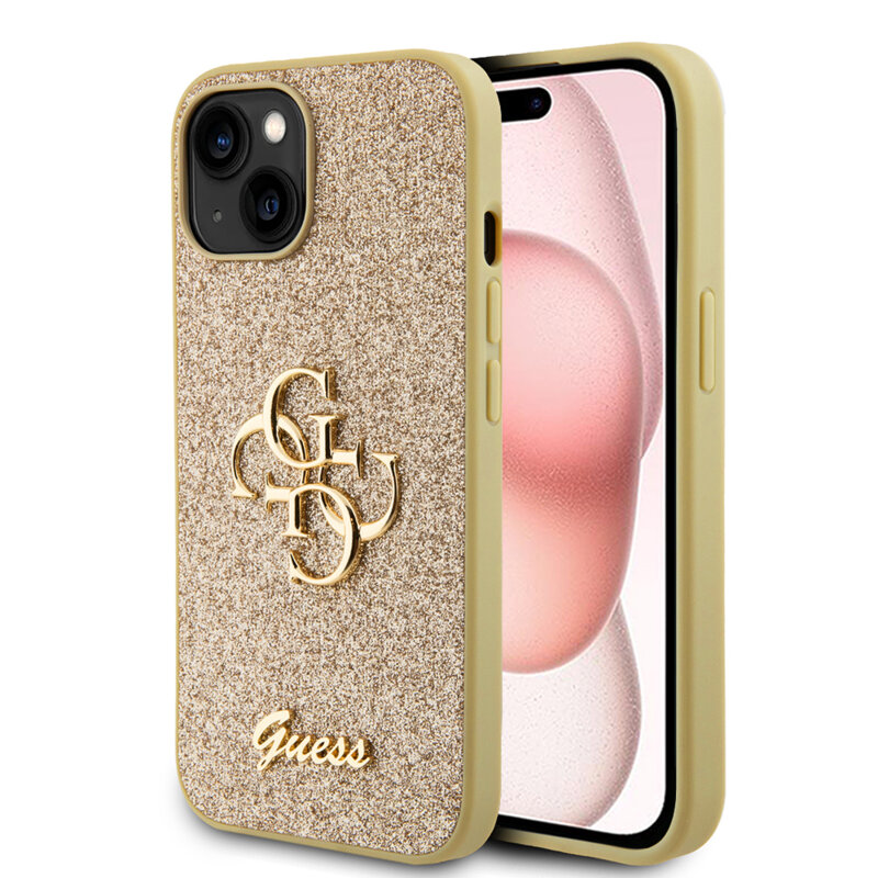 Husa Guess Glitter Script Big 4G iPhone 15 cu sclipici, auriu, GUHCP15SHG4SGD