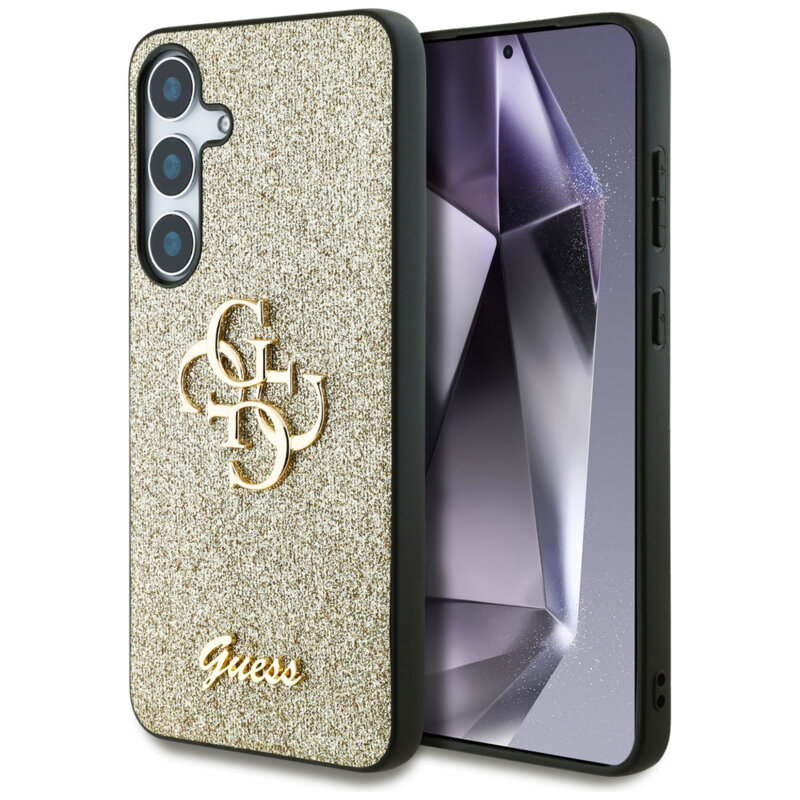 Husa Guess Glitter Script Big 4G Logo Samsung Galaxy S25 cu sclipici, auriu, GUHCS25SHG4SGD