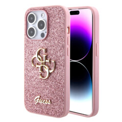 Husa Guess Glitter Script Big 4G iPhone 15 Pro cu sclipici, roz, GUHCP15LHG4SGP
