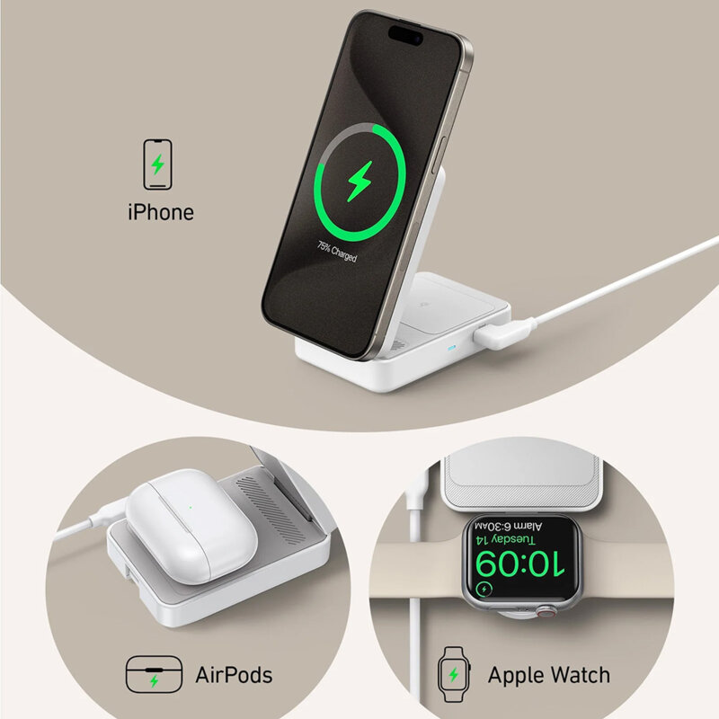 Incarcator wireless pentru Apple 3in1 Anker, 15W, B2557321, alb