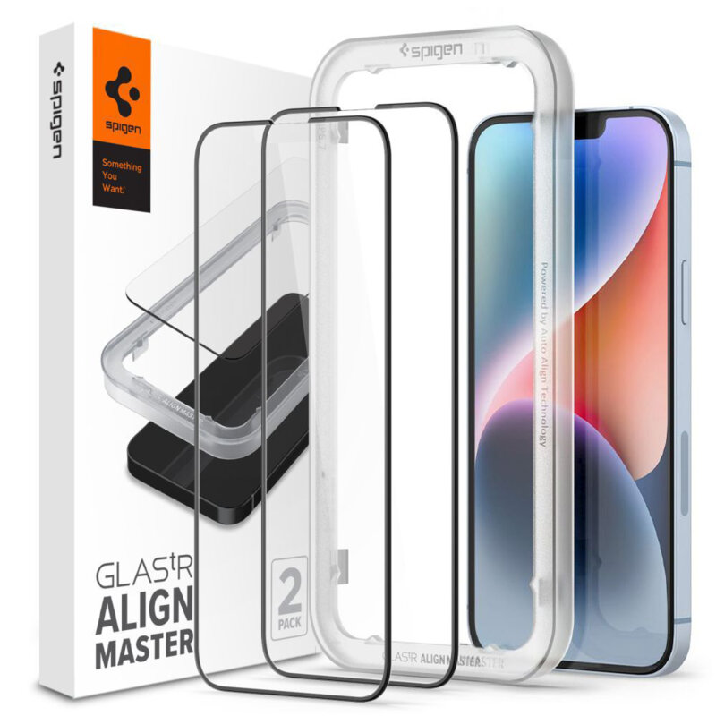 [Pachet 2x] Folie sticla iPhone 14 Spigen Glas.tR Align Master, negru