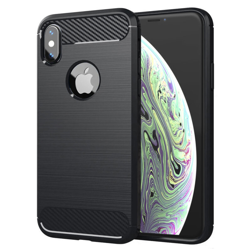 Husa iPhone XS Techsuit Carbon Silicone cu decupaj sigla, negru