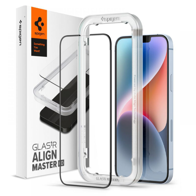 Folie sticla iPhone 13 Pro Spigen Glas.tR Align Master, negru