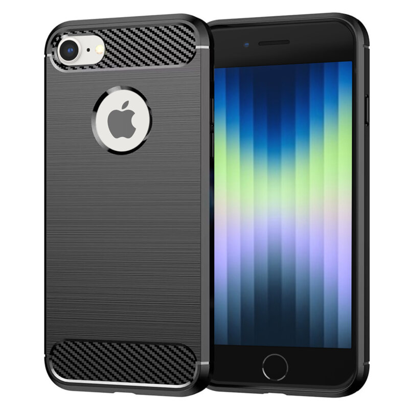 Husa iPhone SE 3, SE 2022 Techsuit Carbon Silicone, decupaj sigla, negru
