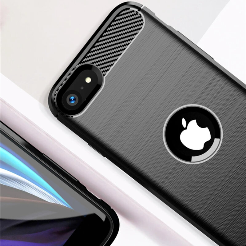 Husa iPhone SE 3, SE 2022 Techsuit Carbon Silicone, decupaj sigla, negru