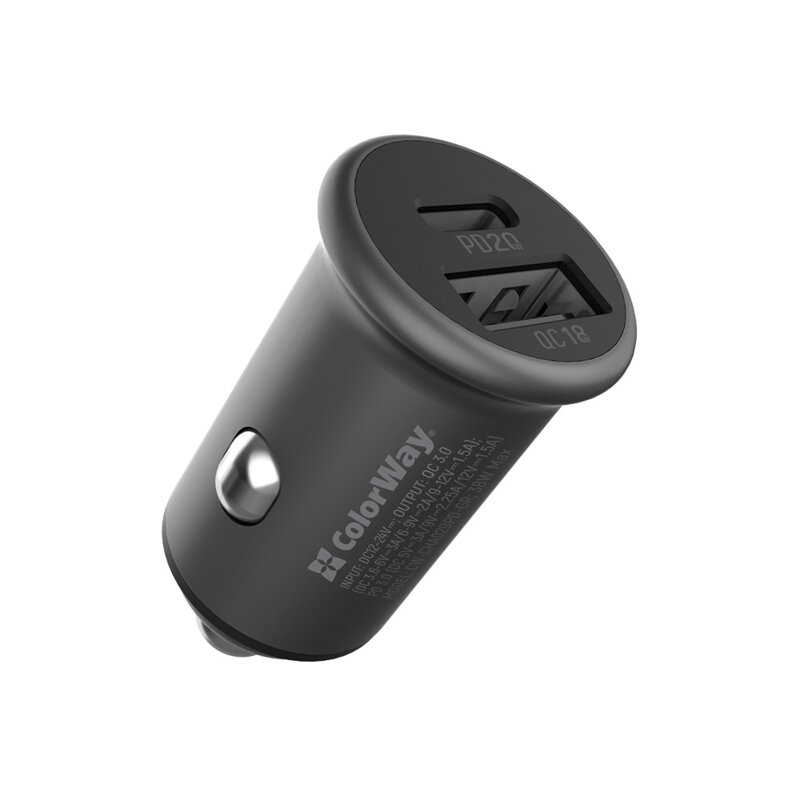 Mini incarcator auto Quick Charge ColorWay, USB+Type-C, gri