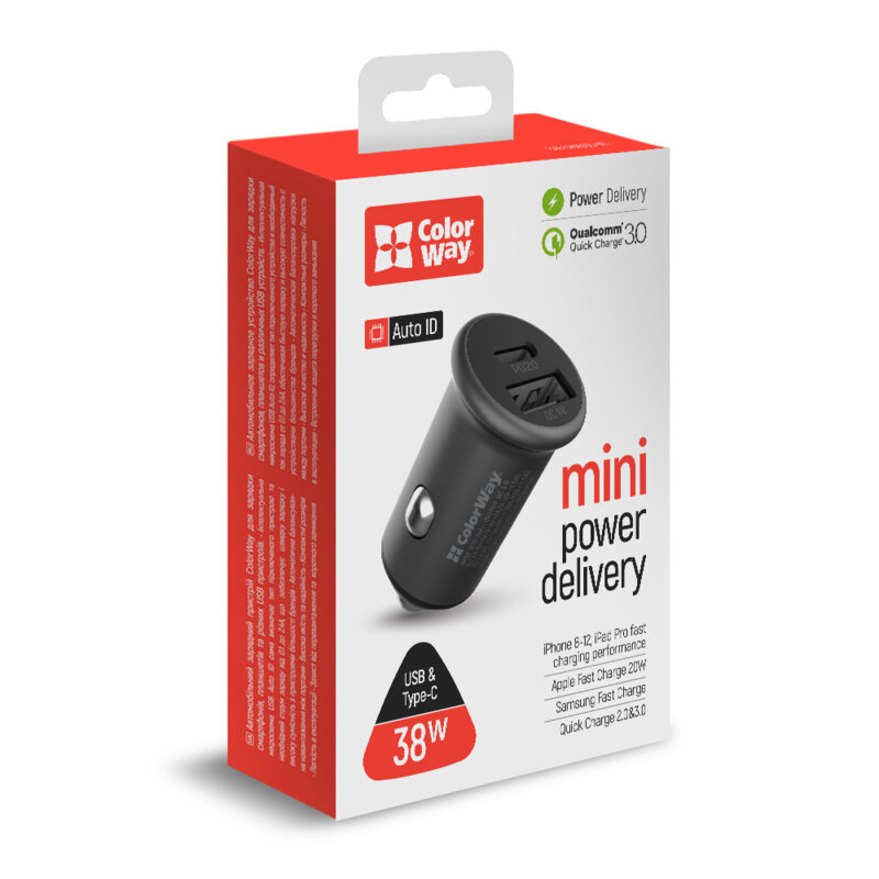 Mini incarcator auto Quick Charge ColorWay, USB+Type-C, gri