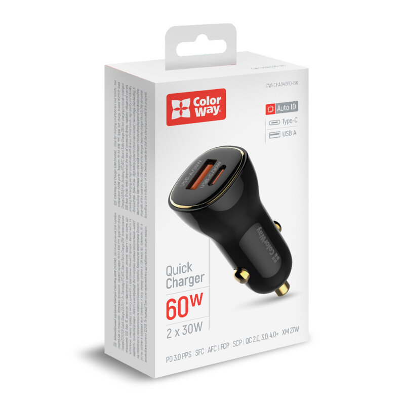 Incarcator auto Xiaomi Turbo Charge ColorWay, USB+Type-C, negru