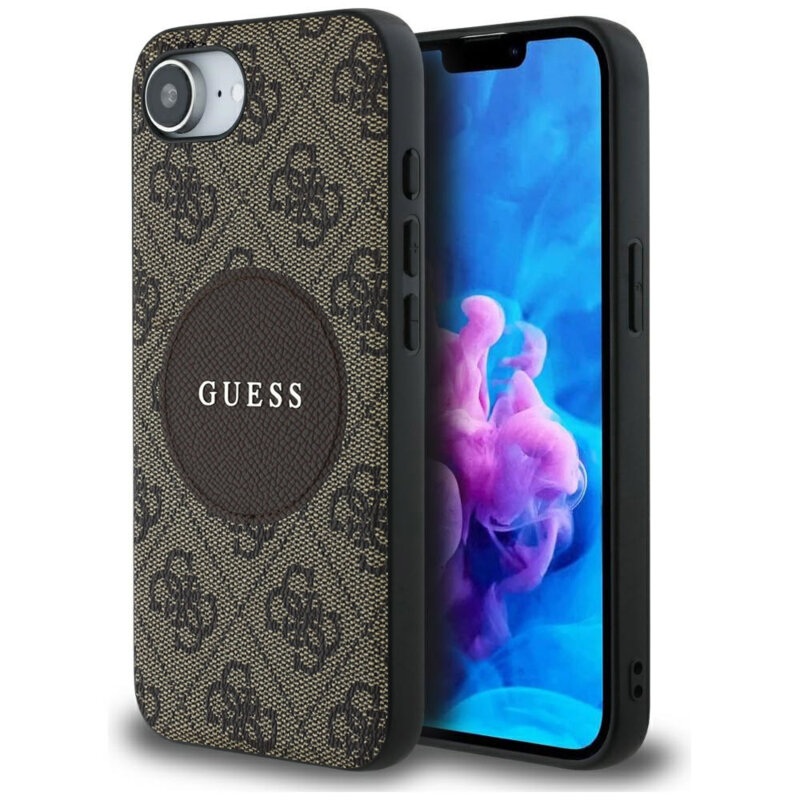 Husa iPhone 16e Guess 4G Circle Classic Logo MagSafe, maro, GUHMPSE4P4PGRSGW