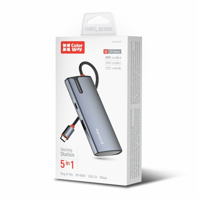 Docking Station 5in1, hub USB, HDMI ColorWay, 100W, argintiu