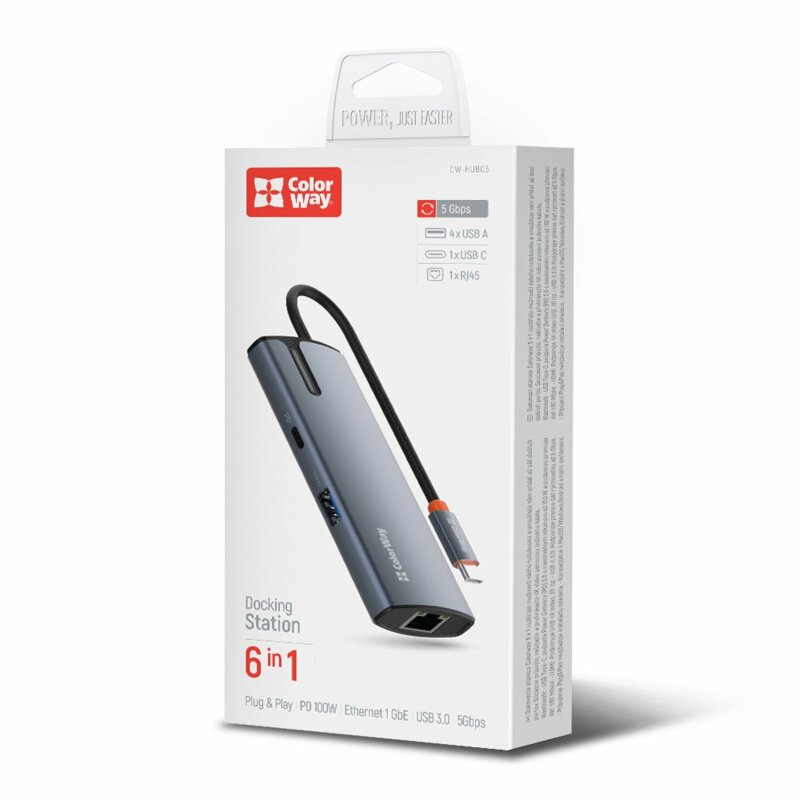 Docking Station 6in1 USB, Ethernet, ColorWay, 100W, argintiu