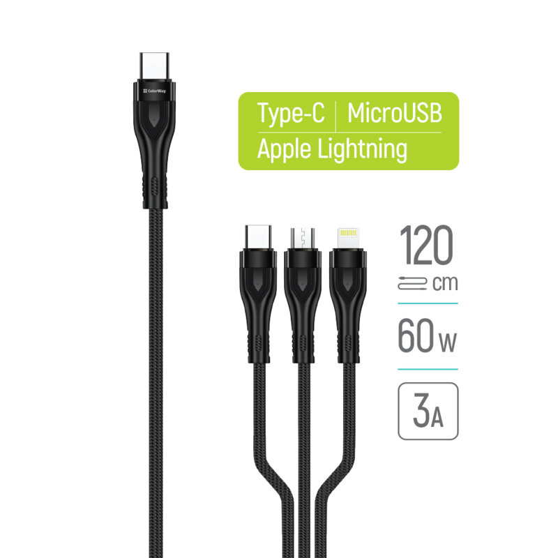 Cablu de incarcare Type-C 60W ColorWay, 4in1, 1.2m, negru