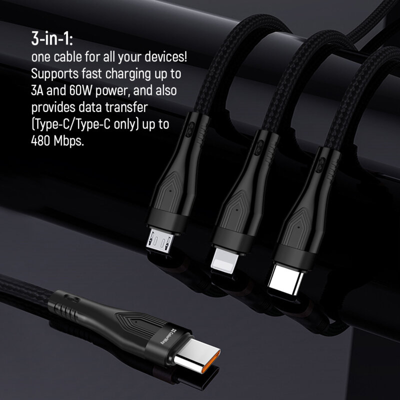 Cablu de incarcare Type-C 60W ColorWay, 4in1, 1.2m, negru